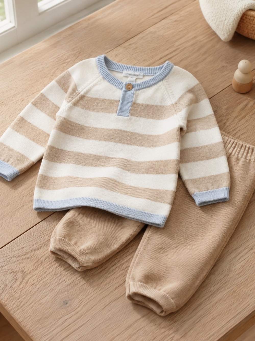 Striped Beige & White Kids Matching Set with Blue Trim